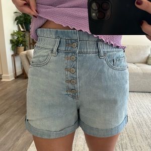 Express High Rise Paper Bag Light Wash Denim Shorts Size S
